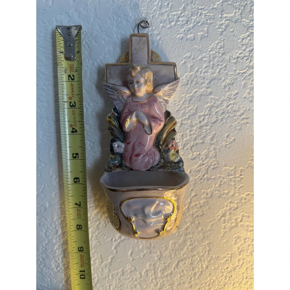 Vintage Porcelain Angel and Cross Holy Water Font - Hand Painted- Gold Trim - Picture 8 of 11